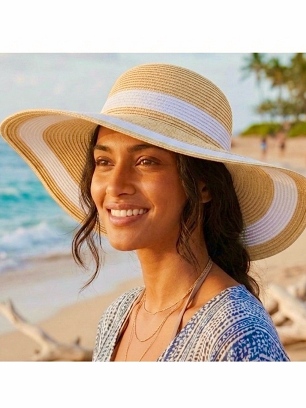 SHADE & SHORE Wide Brim Tan/White Striped Straw SunHat NWT - OS